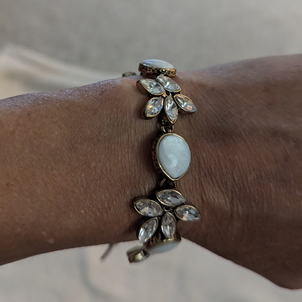 White Enamel and Rhinestone Bracelet, Costume Jewelry